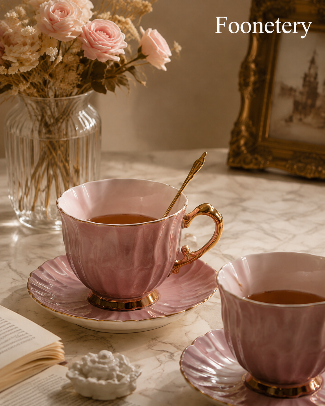 Foonetery Rosé Gold Floral Porcelain Tea Cup Set