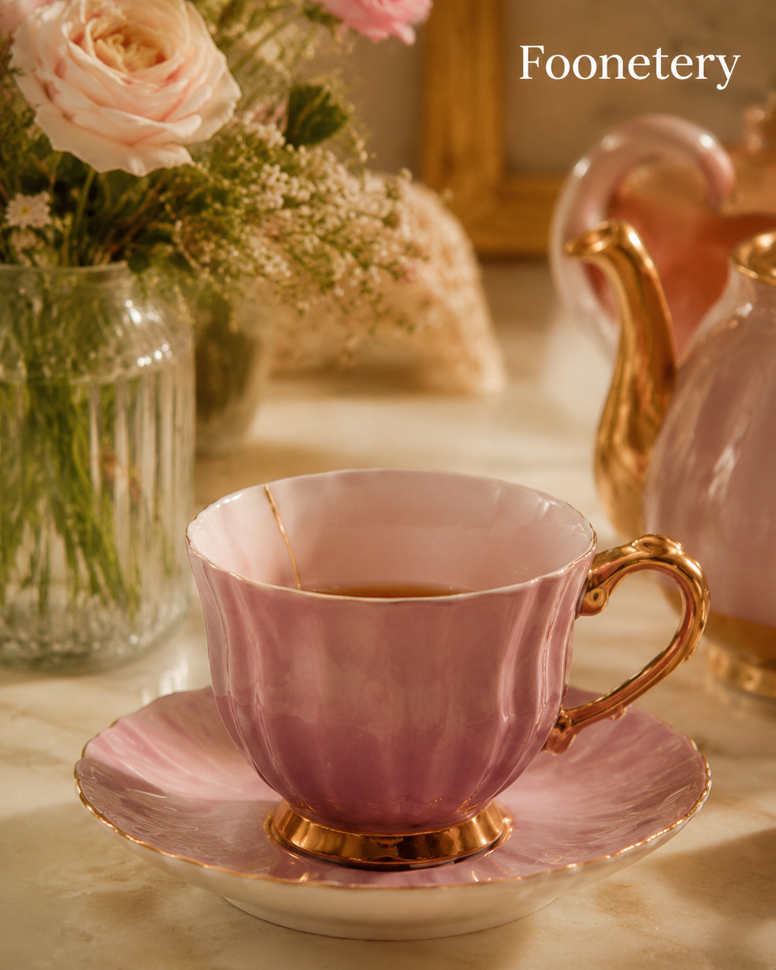Foonetery Rosé Gold Floral Porcelain Tea Cup Set