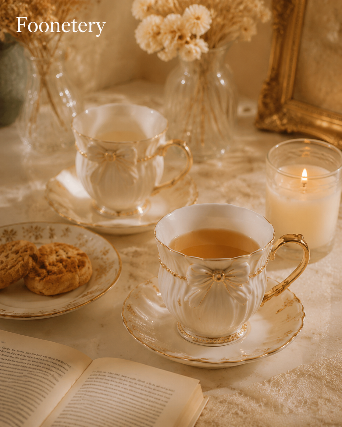 Foonetery Pearl Bow Porcelain Tea Cup Set