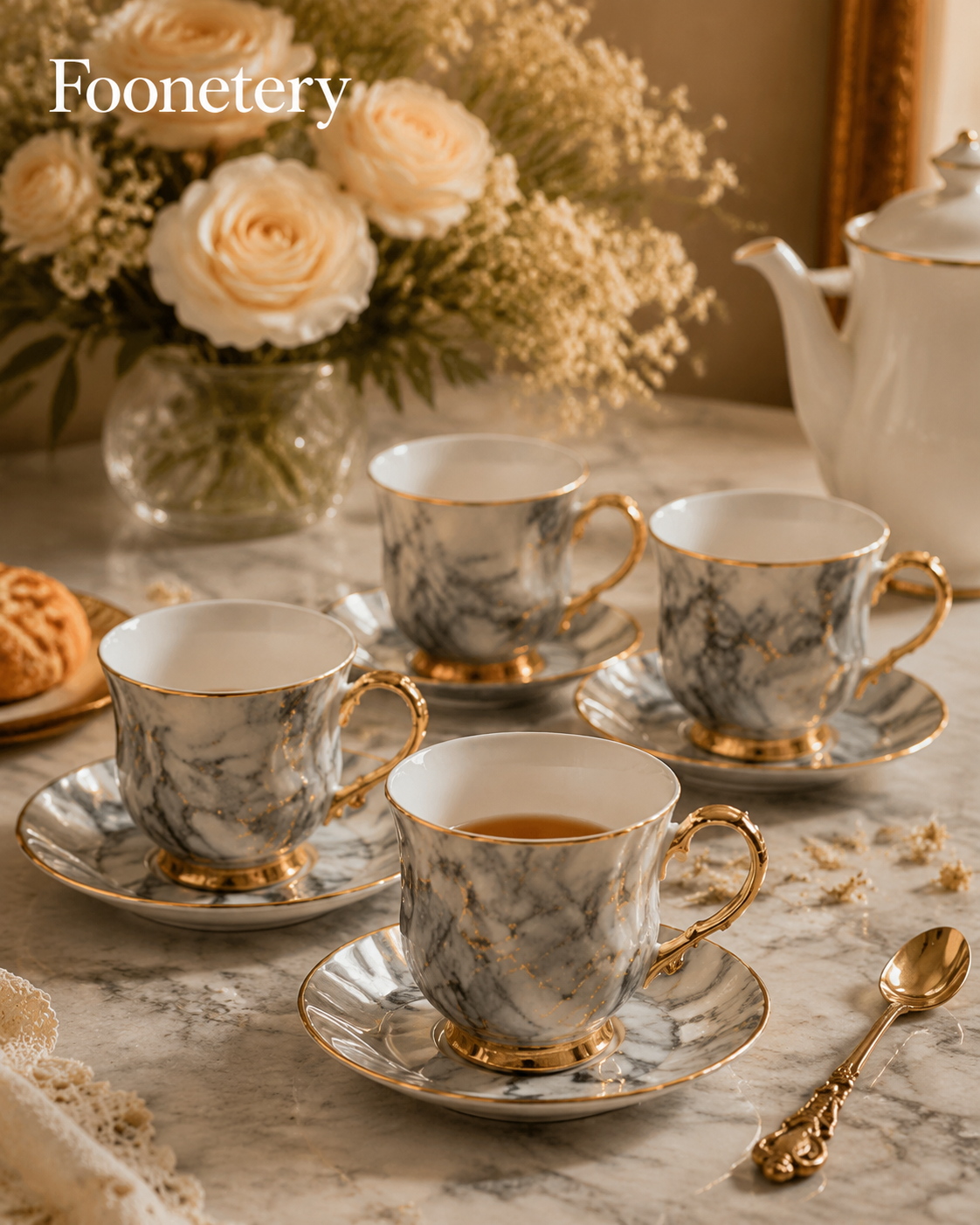 Foonetery Marble Vein Gold Porcelain Tea Cup Set