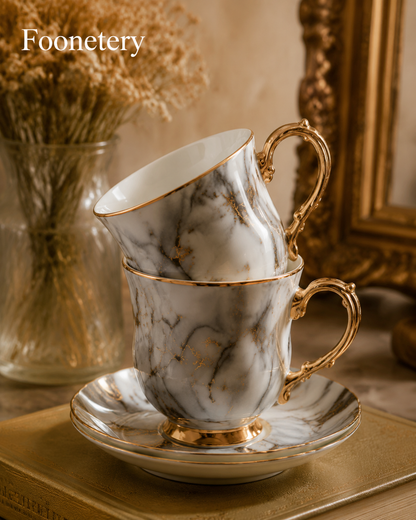 Foonetery Marble Vein Gold Porcelain Tea Cup Set