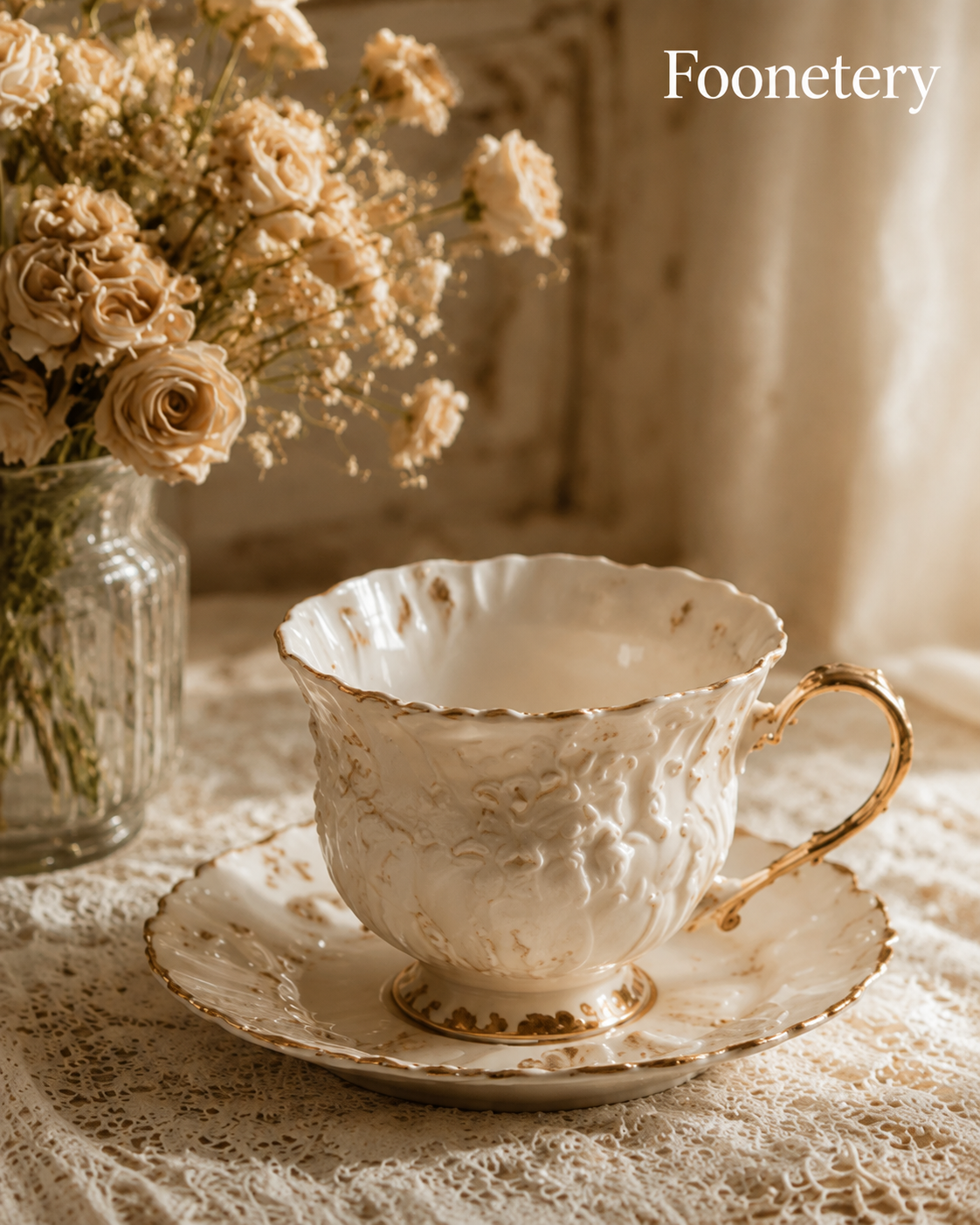 Foonetery Antique Floral Embossed Porcelain Tea Cup Set