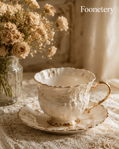 Foonetery Antique Floral Embossed Porcelain Tea Cup Set