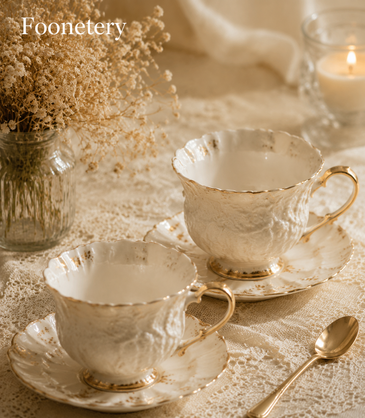 Foonetery Antique Floral Embossed Porcelain Tea Cup Set