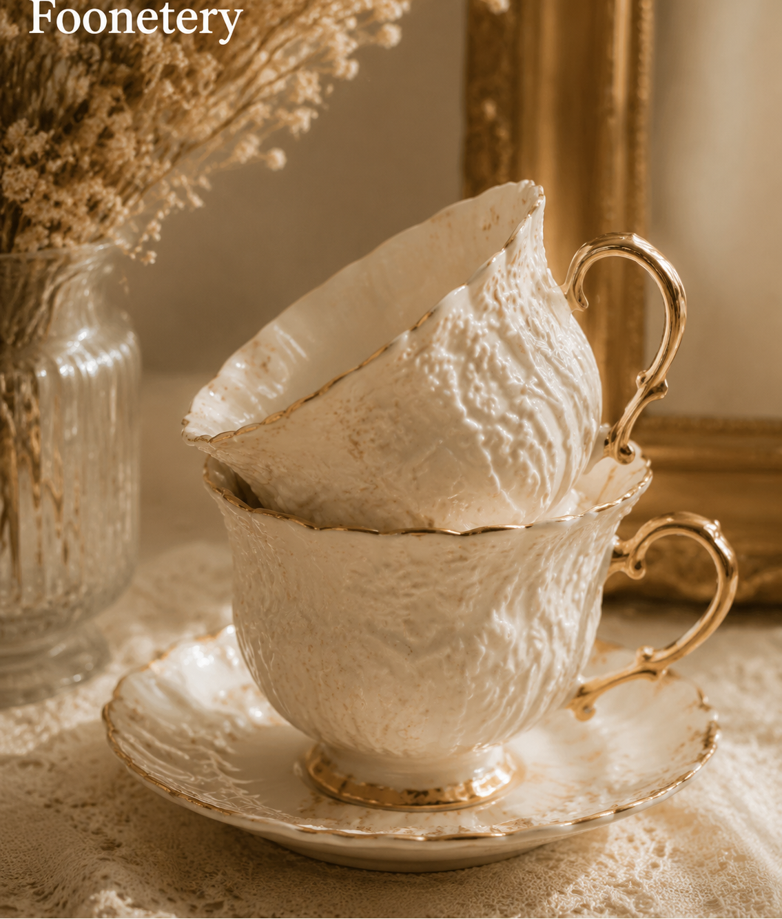 Foonetery Antique Floral Embossed Porcelain Tea Cup Set