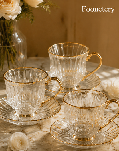 Foonetery Crystal Ripple Gold-Rim Tea Cup Set