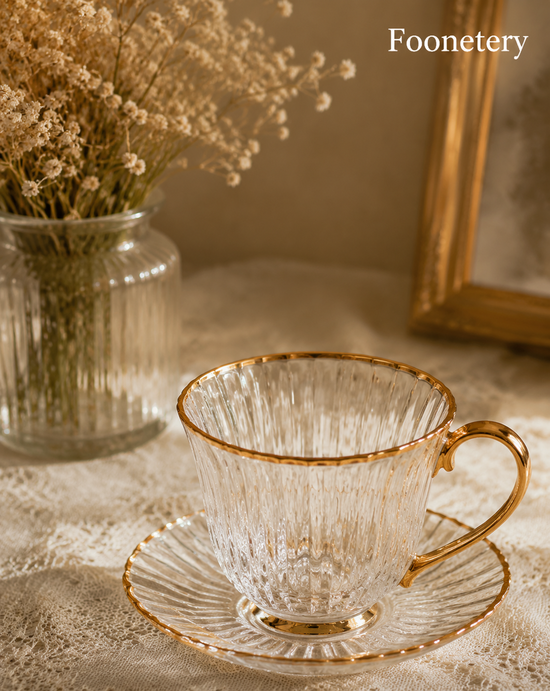 Foonetery Crystal Ripple Gold-Rim Tea Cup Set
