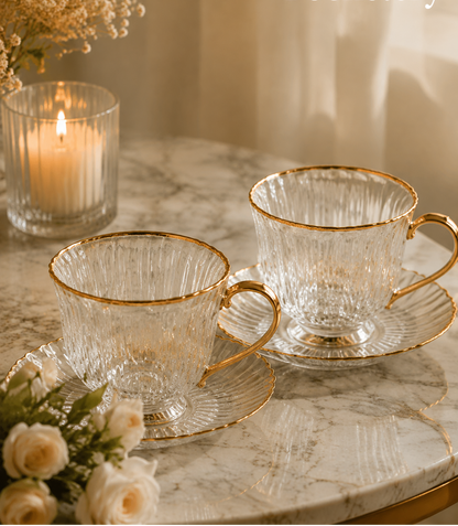Foonetery Crystal Ripple Gold-Rim Tea Cup Set