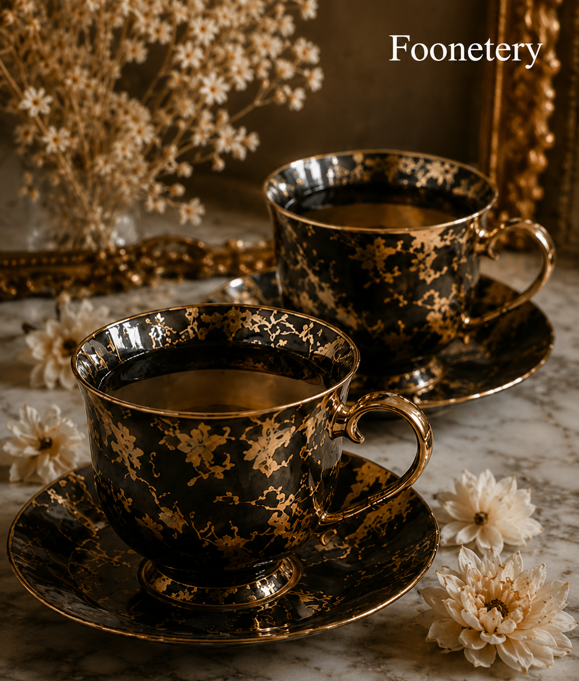 Foonetery Obsidian Gold Vein Porcelain Tea Cup Set