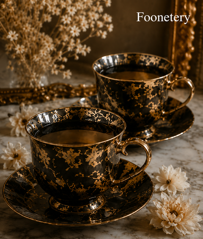 Foonetery Obsidian Gold Vein Porcelain Tea Cup Set
